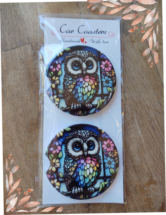 Stained Glass Owl Car Cupholder Ceramic Coasters